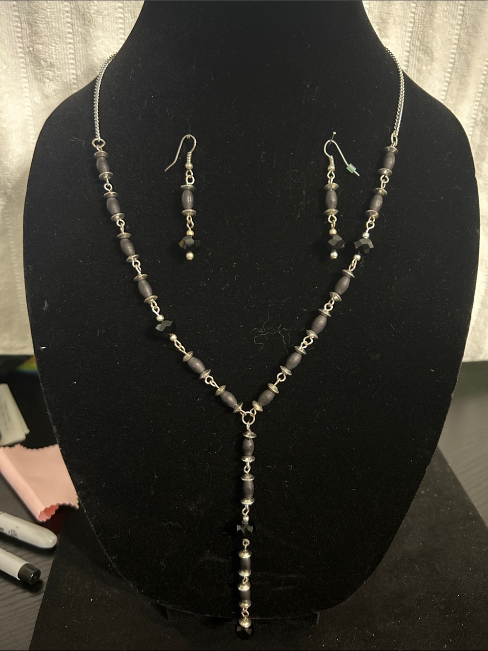 Black Beaded Y-Chain Necklace with Matching Earrings